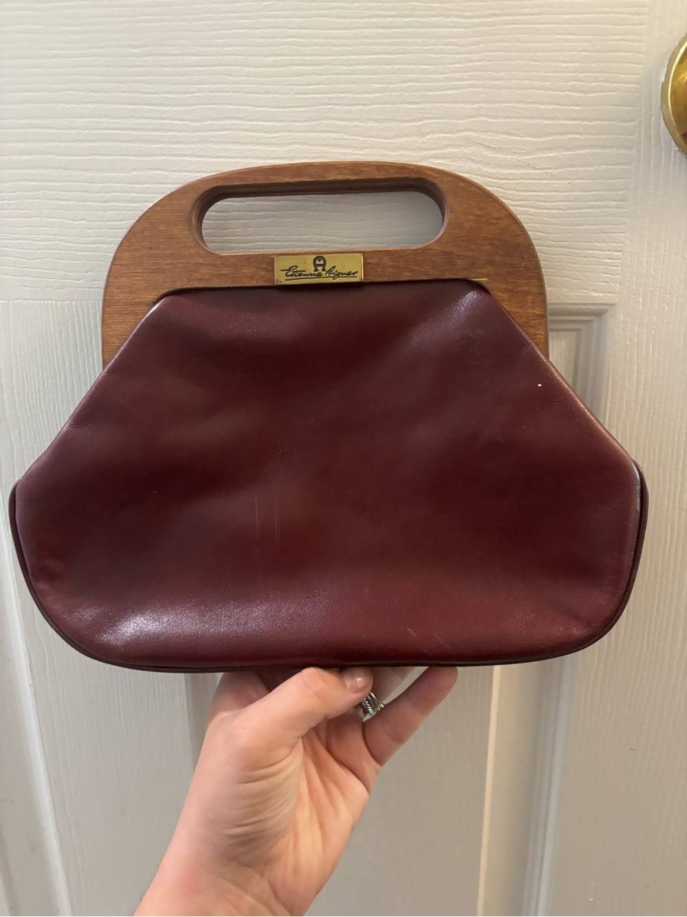 Rare 70s Etienne Aigner Oxblood Leather Wood Top Handle Bag Clutch Purse